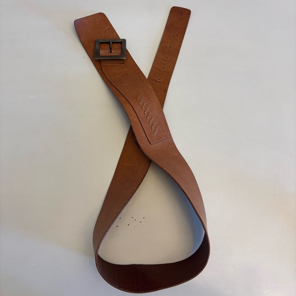 RENZA Italian Luxury Belt Asymmetrical Wide Saddle Brown Leather Brass Buckle XL